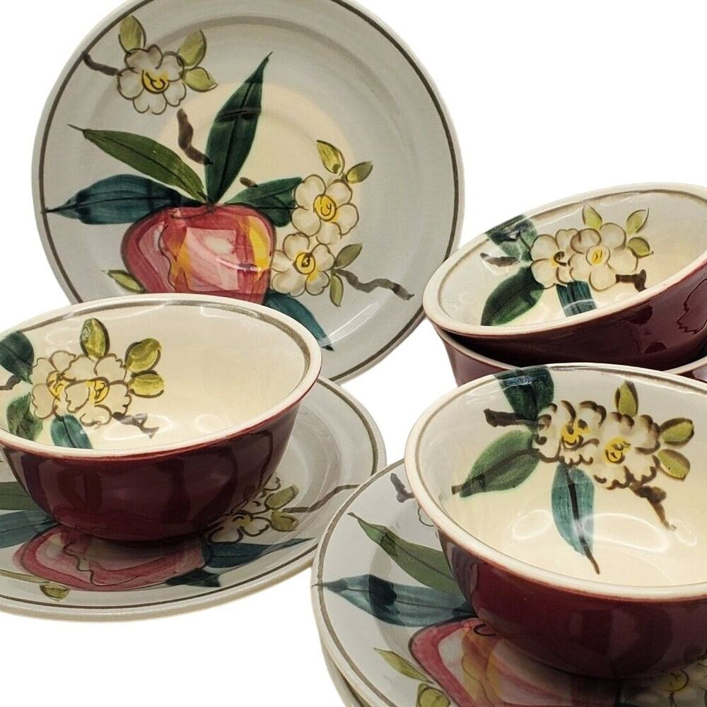 4 Red Wing Pottery Apple Blossom Flat Cup Saucer Set Normandy Vtg 50s Maroon Red